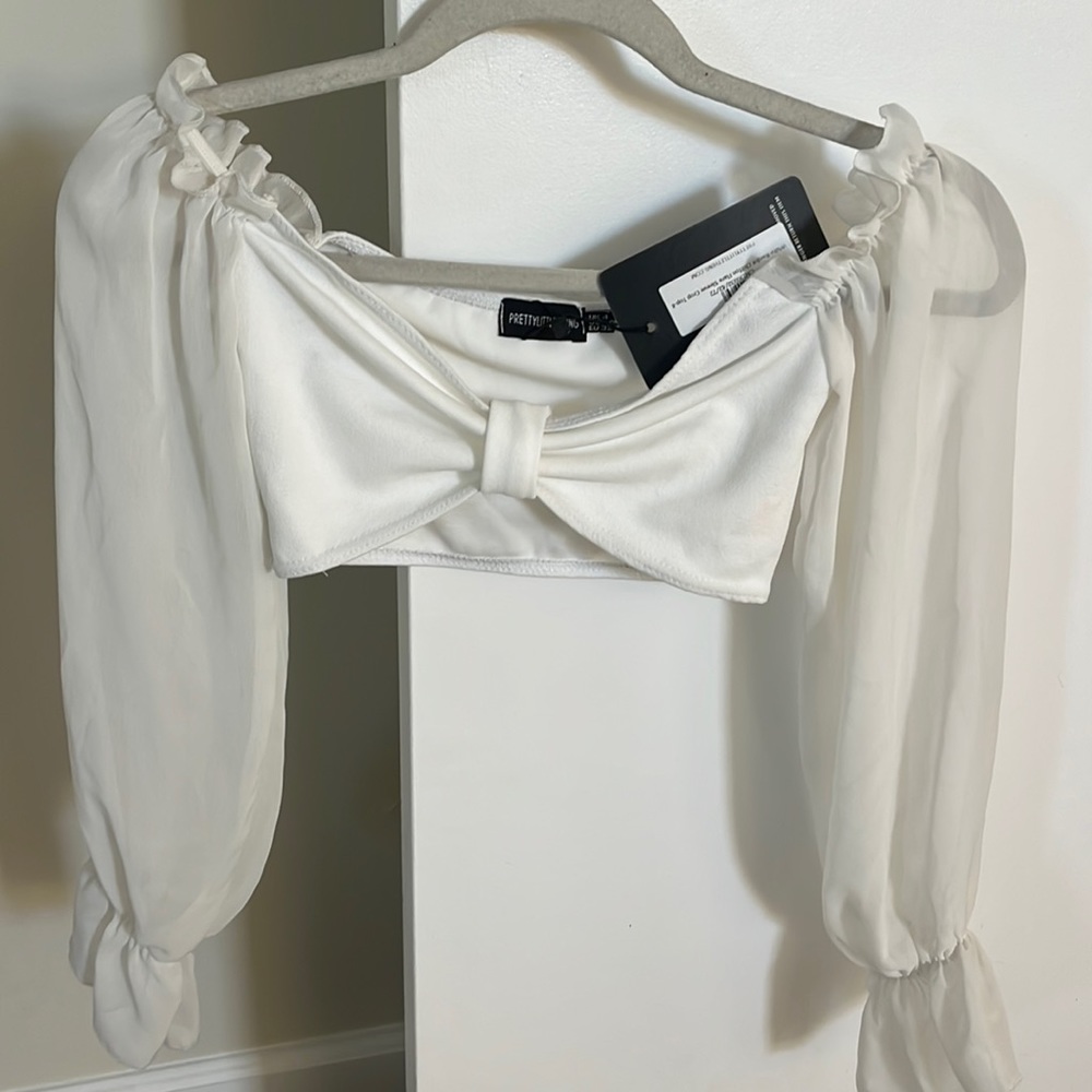 White bardot chiffon flare sleeve crop top